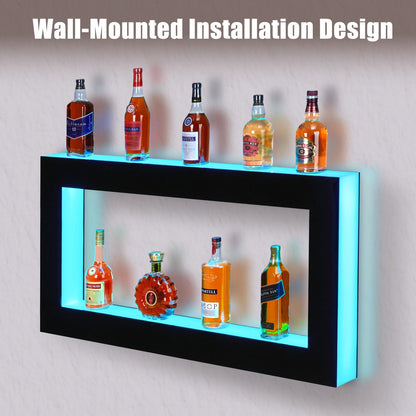 Takywep LED Lighted Liquor Bottle Shelf, Square 2-Tier 48 Inch Bar Bottle Display Shelf with Remote & App Control, 16 Colors, Wall Mounted Acrylic Liquor Shelf for Home Commercial Bar - WoodArtSupply