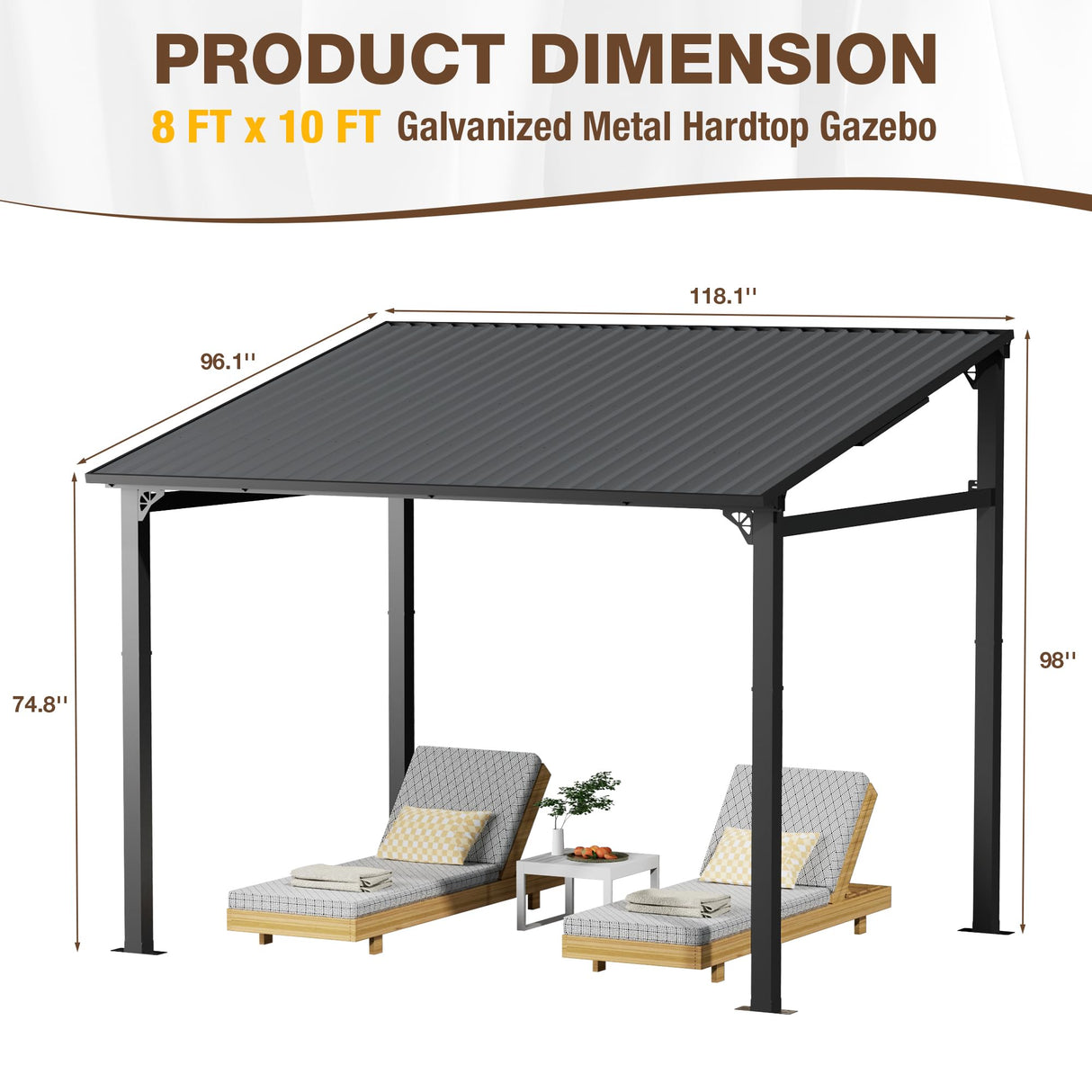 EBE 10' x 8' Hardtop Gazebo, Lean to Gazebos Outdoor Pergola with Galvanized Steel Roof, Wall Mounted Gazebo Pergola, Metal Awning for Patio, Decks, Backyard EBE
