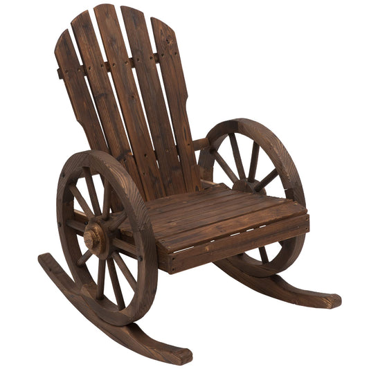 Outsunny Carbonized Wooden Adirondack Rocking Chair with Wagon Wheel Armrests for Outdoor Relaxation - WoodArtSupply