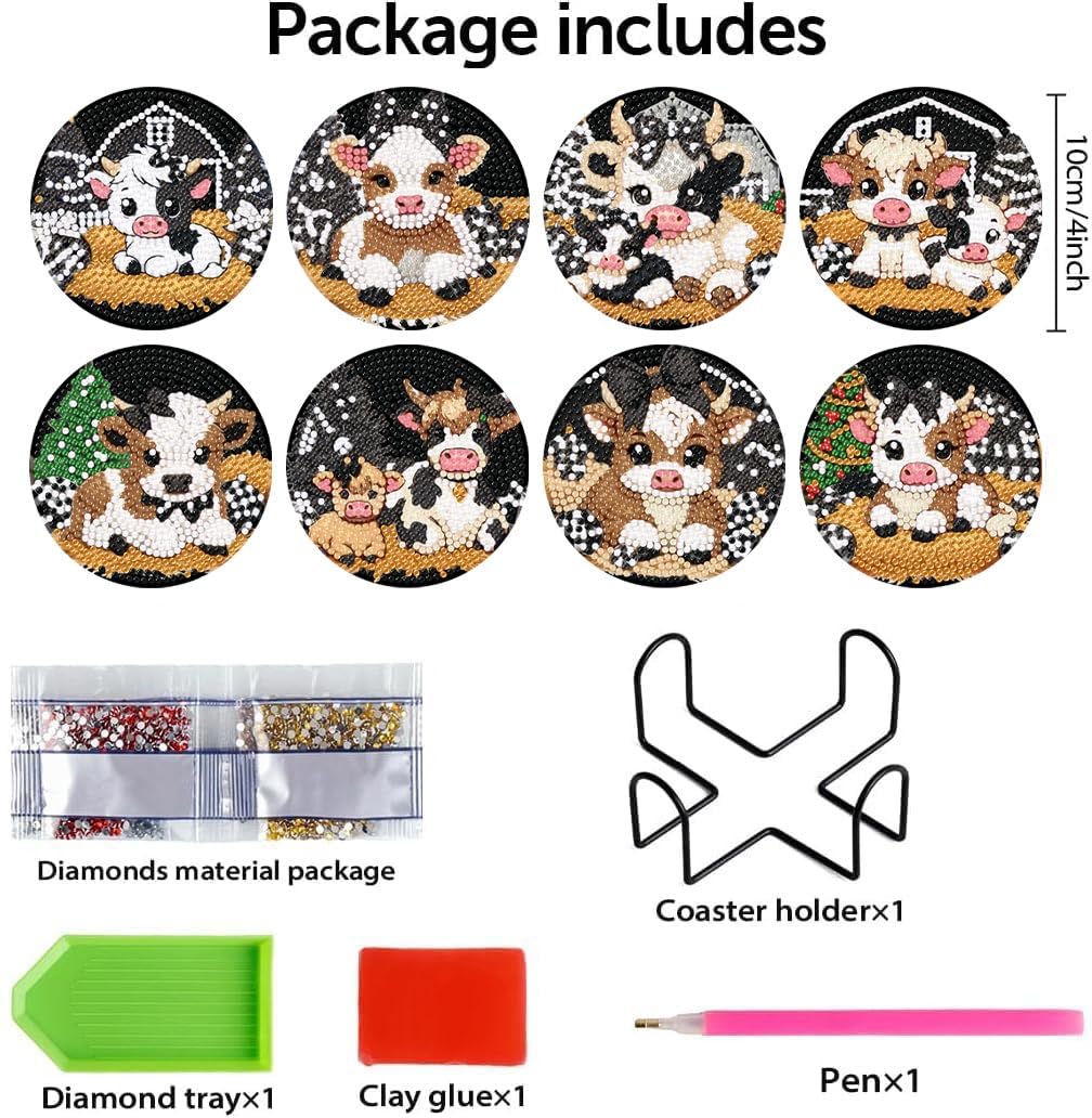 Canrichshop 8 Pcs Highland Cow Diamond Painting Coasters, Cute Animals Art Kits, 5D DIY Full Drill Dots, Arts and Crafts Supplies for Adults Canrichshop