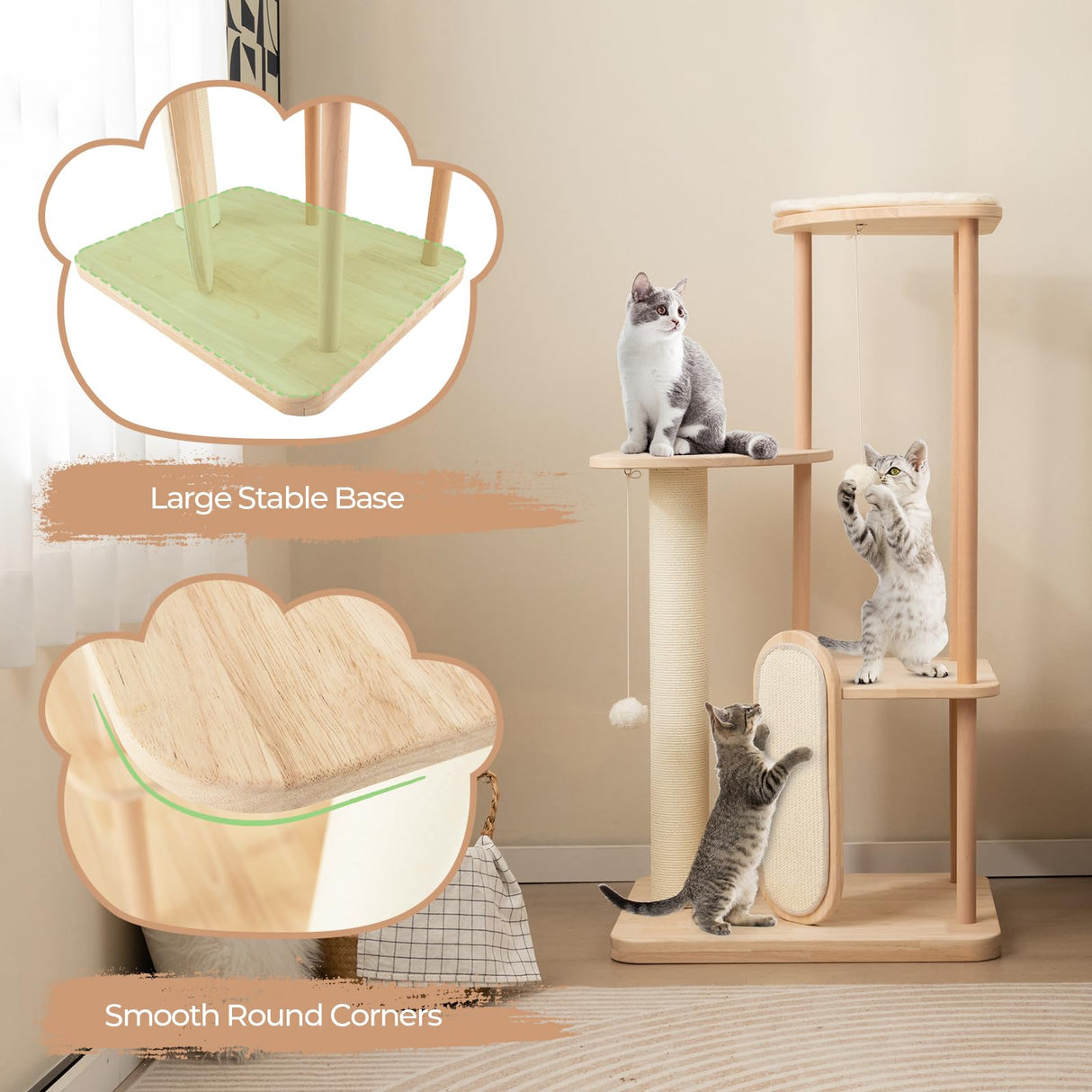 PETSITE 44 Inches Cat Tree, Multi-Level Modern Cat Tower with Sisal Scratching Post and Board, Padded Top Perch, and Hanging Balls, Minimal Wooden Cat Tree Tower for Indoor Cats Large Adult PETSITE