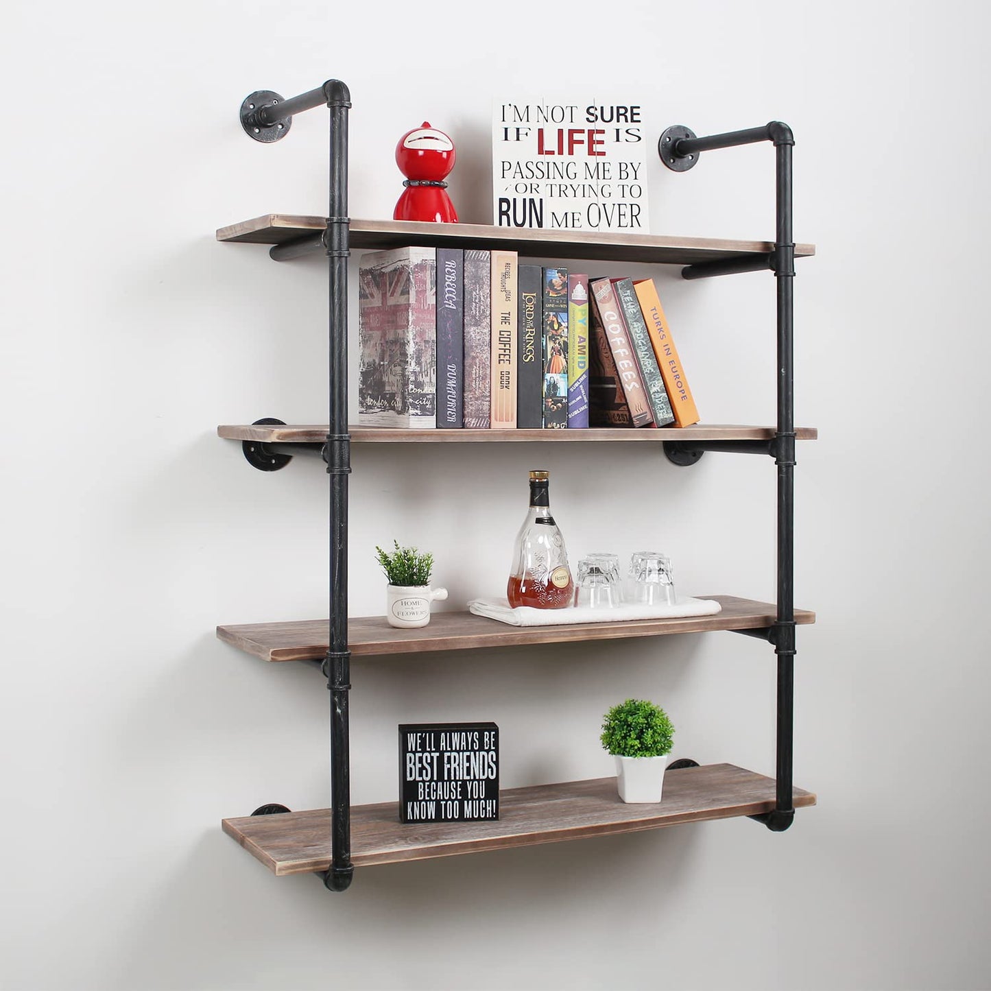 Industrial Pipe Shelving Wall Mounted,48in Rustic Metal Floating Shelves,Steampunk Real Wood Book Shelves,Wall Shelf Unit Bookshelf Hanging Wall Shelves,Farmhouse Kitchen Bar Shelving(4 Tier)