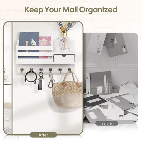 FifthQuarter Key and Mail Holder For Wall, Mail Organizer Wall Mount with 6 Hooks and Storage Drawer, Easy Installation Key Rack for Entryway and Home Decor (A-White) FifthQuarter