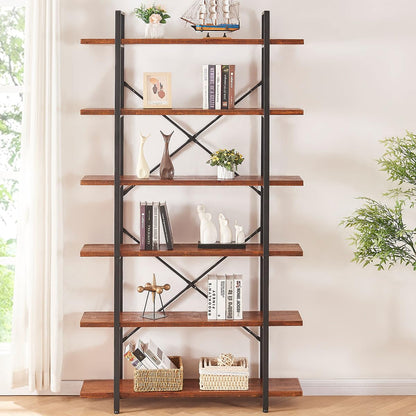 HSH Distressed Brown Solid Wood 6-Tier Industrial Bookcase with Sturdy Metal Frame - WoodArtSupply