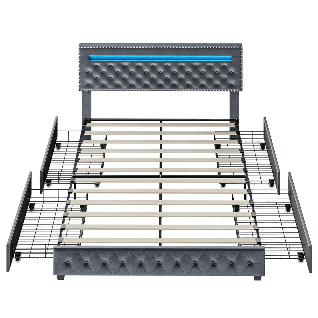 BedsPick Queen Size Bed Frame with LED Lights, Velvet Upholstered Platform Queen Bed Frame with 4 Storage Drawers and Adjustable Headboard, No Box Spring Needed Queen Bedframe, Noise Free, Light Grey BedsPick