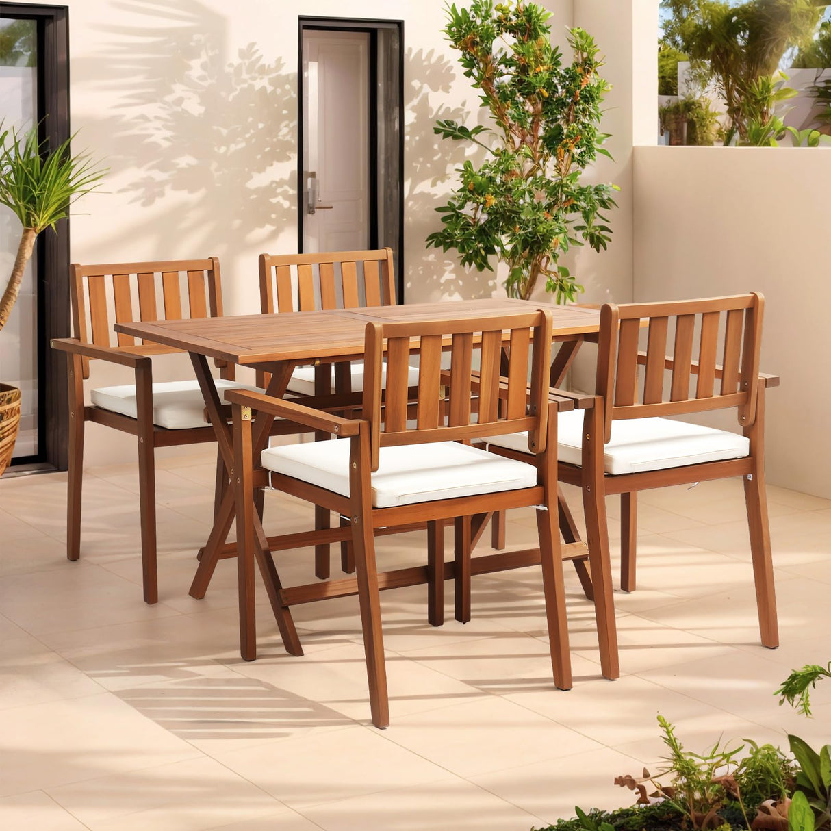 VINGLI Stackable Wooden Patio Dining Chairs – Set of 4, Durable Acacia Wood Outdoor Dining Chairs with Cushions and Comfortable Armrests – Perfect for Porch, Garden, Balcony, Pool, and Indoor VINGLI