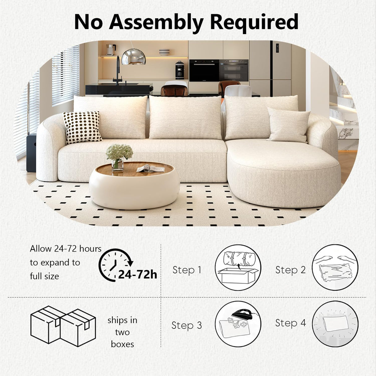Settab 111" Modular Sectional Couches Luxury Modern Curved Back Sofa,Minimalist Comfy L-Shape Boneless Cloud Couch for Living Room Apartment,(Right Facing Chaise,White) Settab