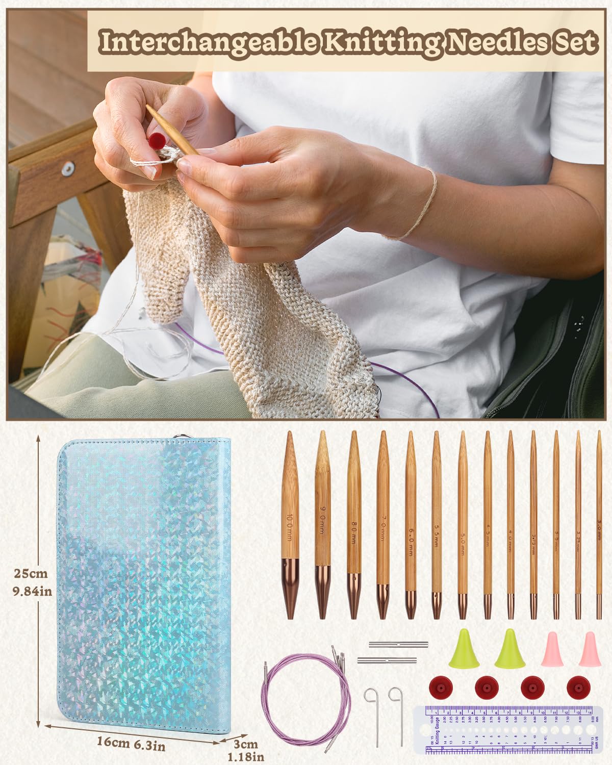 Aeelike Interchangeable Knitting Needles Set, 13 Pairs Circular Knitting Needles Set Bamboo Knitting Needles with Case Knitting Accessories for Socks Blankets Cushions Aeelike