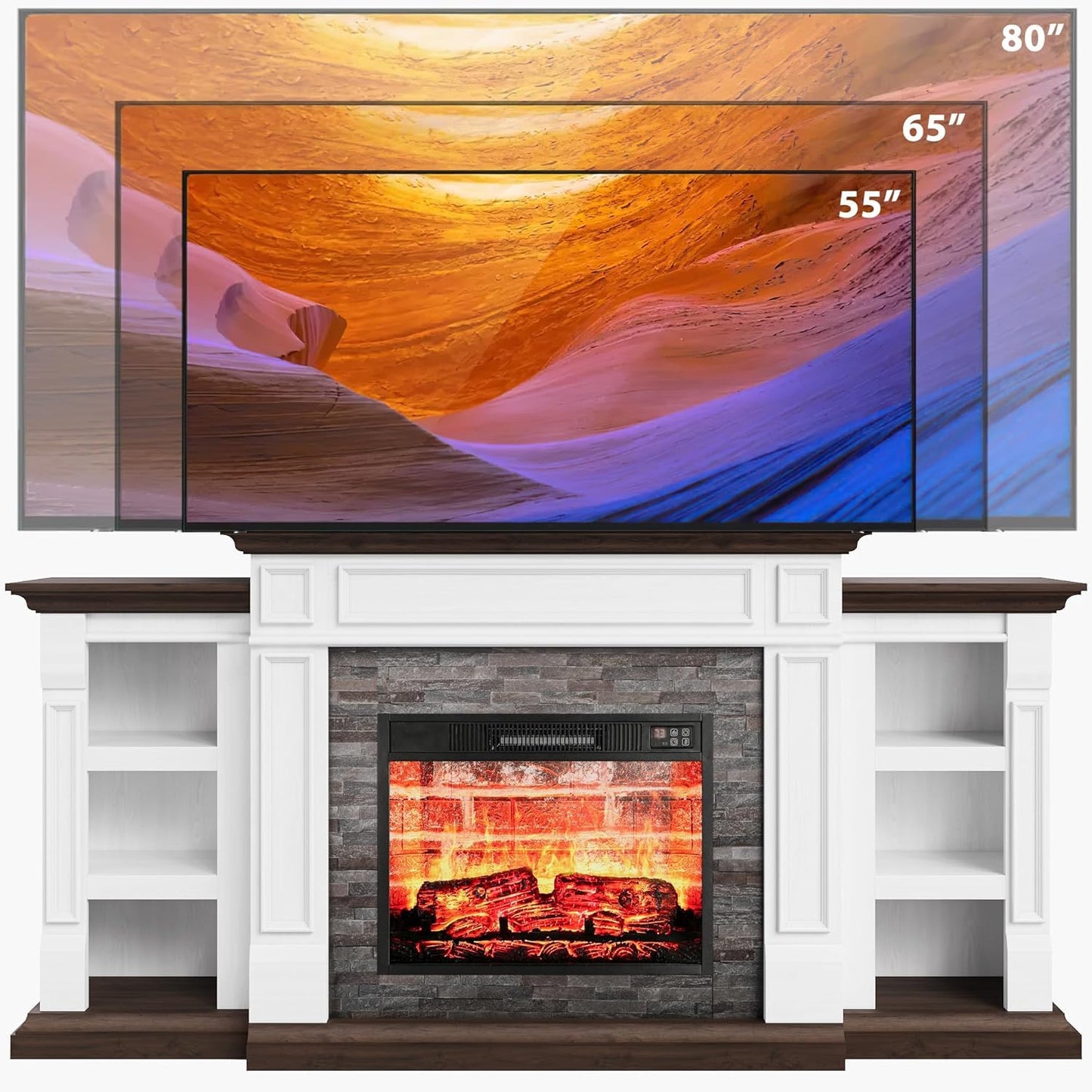 Naice 70" Electric Fireplace with Mantel and Cabinets, Fireplace TV Stand for Living Room Bedroom, Stacked Stone Surround and Remote Control 3D Realistic Flame