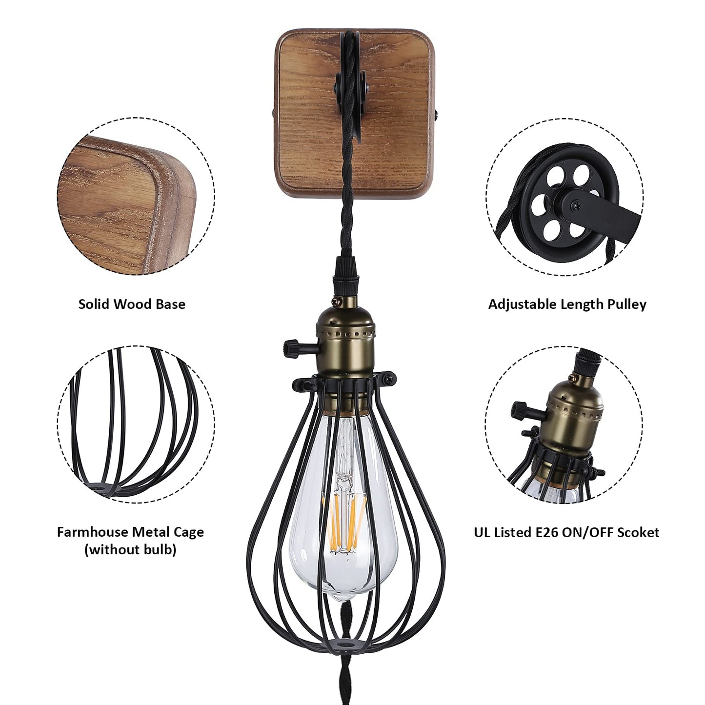 Industrial Farmhouse Plug in Wall Sconce with Wire Shade, Metal Wall Lamp Cage with Pulley Lift for Living Room Rustic Wood LED Wall Lamp with Switch Cord for Kids Bedroom, Reading Room(No E2 - WoodArtSupply