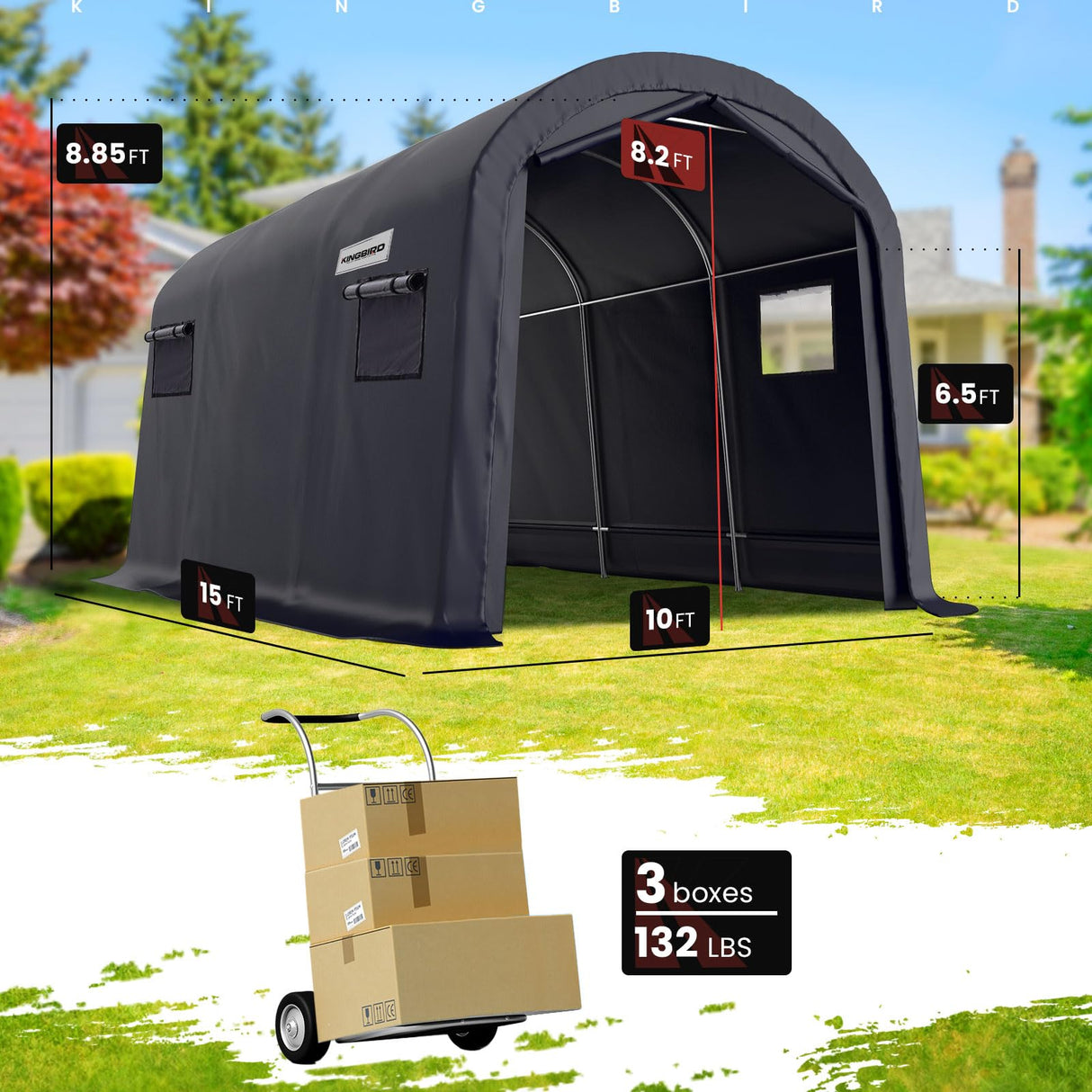 KING BIRD 10' x 15' Heavy Duty Round Style Carport with Roll-up Ventilated Windows，Anti-Snow Car Port Garage Car Tent Car Canopy Outdoor Instant Garage with Reinforced Ground Bars KING BIRD