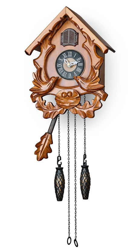 TIMEGEAR Cuckoo Clock with Night Mode, Singing Bird and Carved Wood Decorations (Cherry) TIMEGEAR