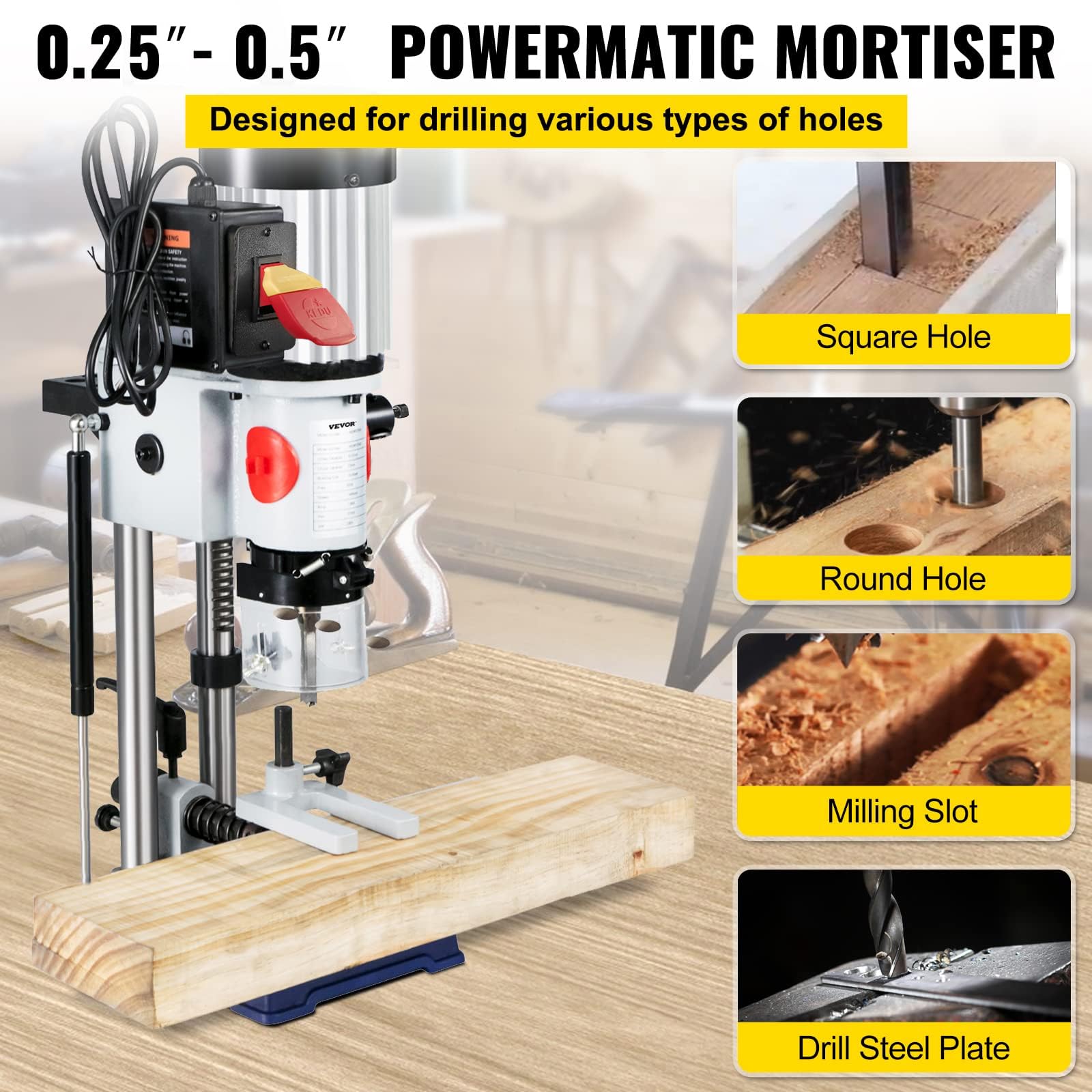 VEVOR Woodworking Mortise Machine, 3/4 HP 3400RPM Powermatic Mortiser With Chisel Bit Sets, Benchtop Mortising Machine, For Making Round Holes Square Holes, Or Special Square Holes In Wood - WoodArtSupply