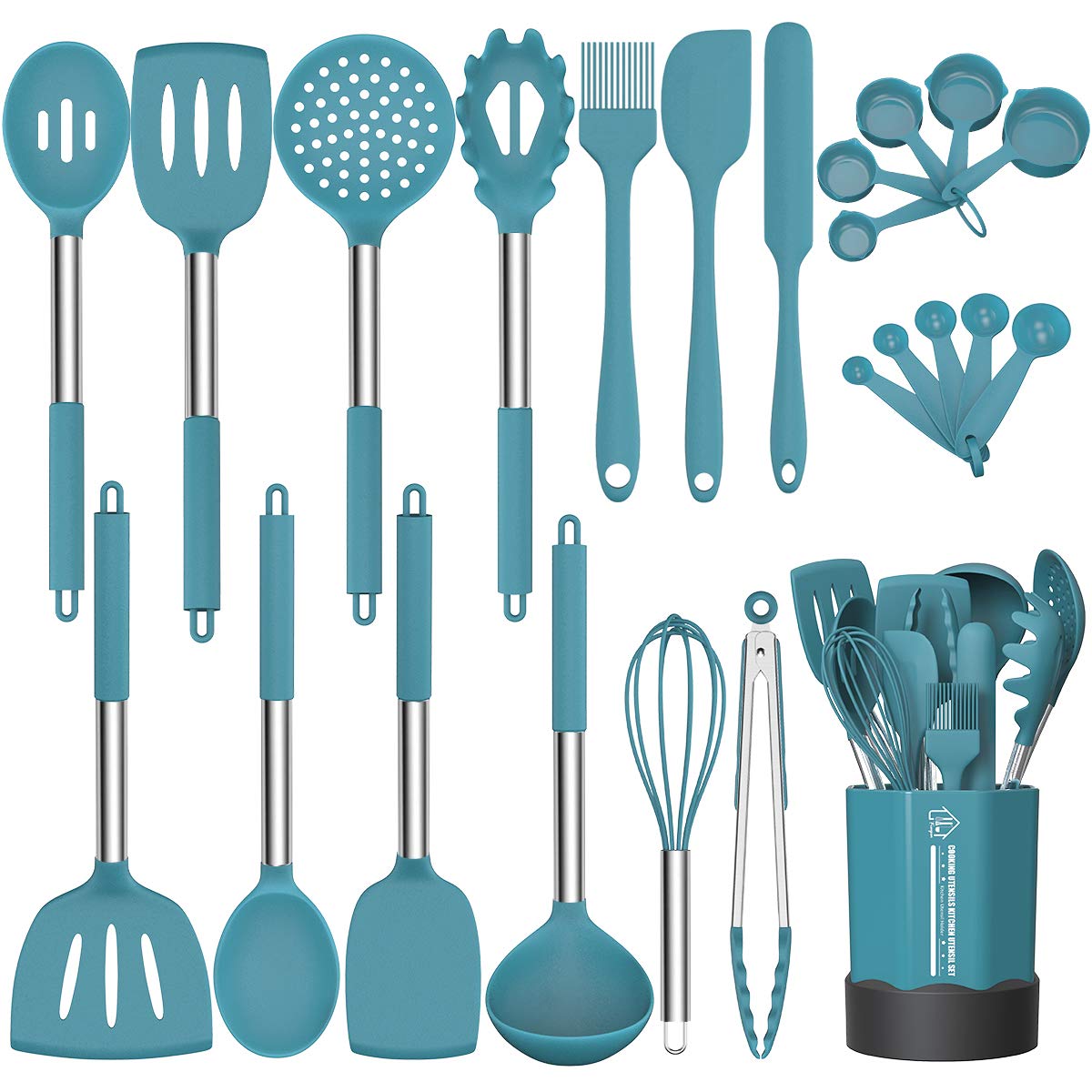 Silicone Cooking Utensil Set, Fungun Non-stick Kitchen 24 Pcs Cookware, Heat Resistant , Silicone Kitchen Tools Gift with Stainless Steel Handle (Blue-24pcs）