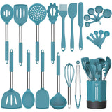 Silicone Cooking Utensil Set, Fungun Non-stick Kitchen 24 Pcs Cookware, Heat Resistant , Silicone Kitchen Tools Gift with Stainless Steel Handle (Blue-24pcs） Fungun