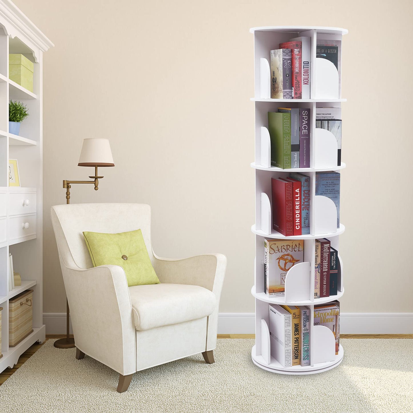 ZAWAYINE 5-Tier 360° Rotating White Bookshelf for Stylish Storage and Display - WoodArtSupply