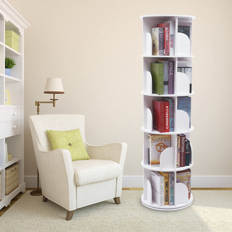 ZAWAYINE 5-Tier 360° Rotating White Bookshelf for Stylish Storage and Display ZAWAYINE