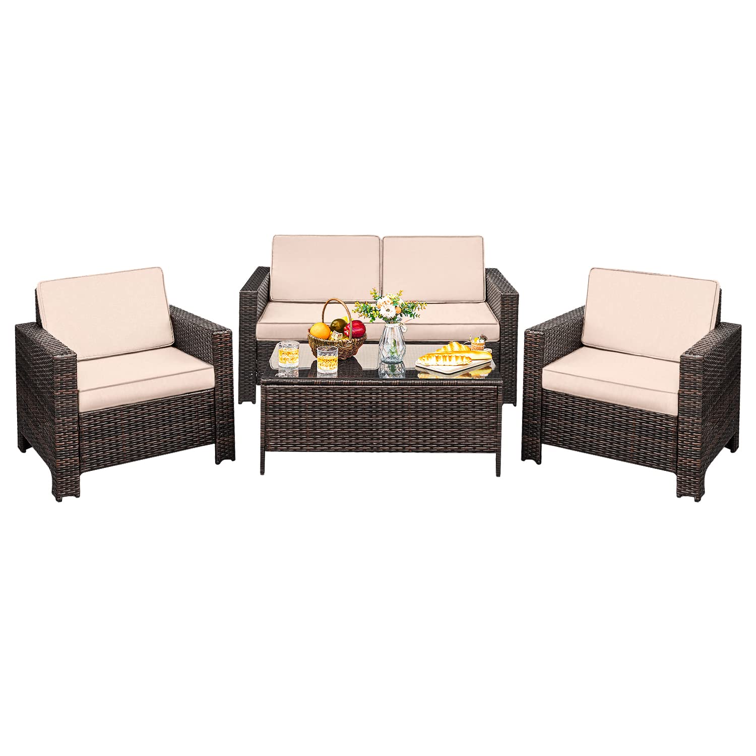 Homall 4 Pieces Patio Furniture Sets Rattan Chair Wicker Conversation Sofa Set, Outdoor Indoor Backyard Porch Garden Poolside Balcony Use (Beige) - WoodArtSupply