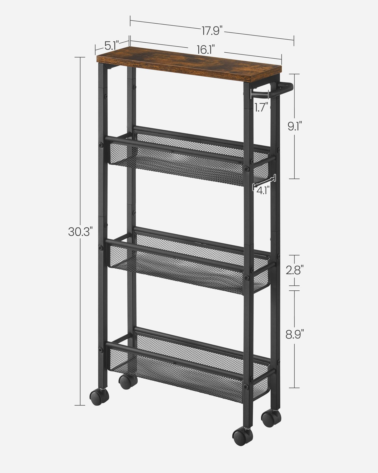 VASAGLE Slim Rolling Cart, 4-Tier Storage Cart, Narrow Cart with Handle, 5.1 Inches Deep, Metal Frame, for Kitchen, Dining Room, Living Room, Home Office, Rustic Brown and Classic Black ULRC032B01V1 VASAGLE
