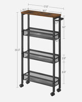 VASAGLE Slim Rolling Cart, 4-Tier Storage Cart, Narrow Cart with Handle, 5.1 Inches Deep, Metal Frame, for Kitchen, Dining Room, Living Room, Home Office, Rustic Brown and Classic Black ULRC032B01V1 VASAGLE