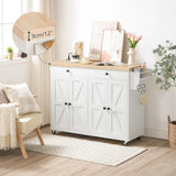 HOOBRO 43.3 Inch Kitchen Island with Charging Station, Rolling Kitchen Island with Storage, Kitchen Island Cart with Spice Rack and Hooks, for Kitchen, Living Room, White and Natural WN11UZD01 HOOBRO