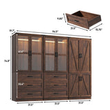 Hlivelood 75" Tall Farmhouse 6 Doors Armoire Wardrobe Closet with 6 Drawers and LED,Freestanding Closet Wardrobe Cabinet for Bedroom with Hanging Rod,Wooden Armoire Storage Cabinet(Brown 6 Doors 2) Hlivelood