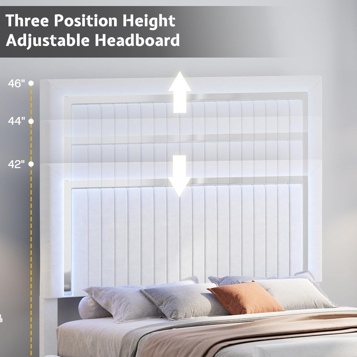 Jocisland Upholstered Platform King Size LED Bed Frame with 4 Storage Drawers, Adjustable Headboard, White Jocisland