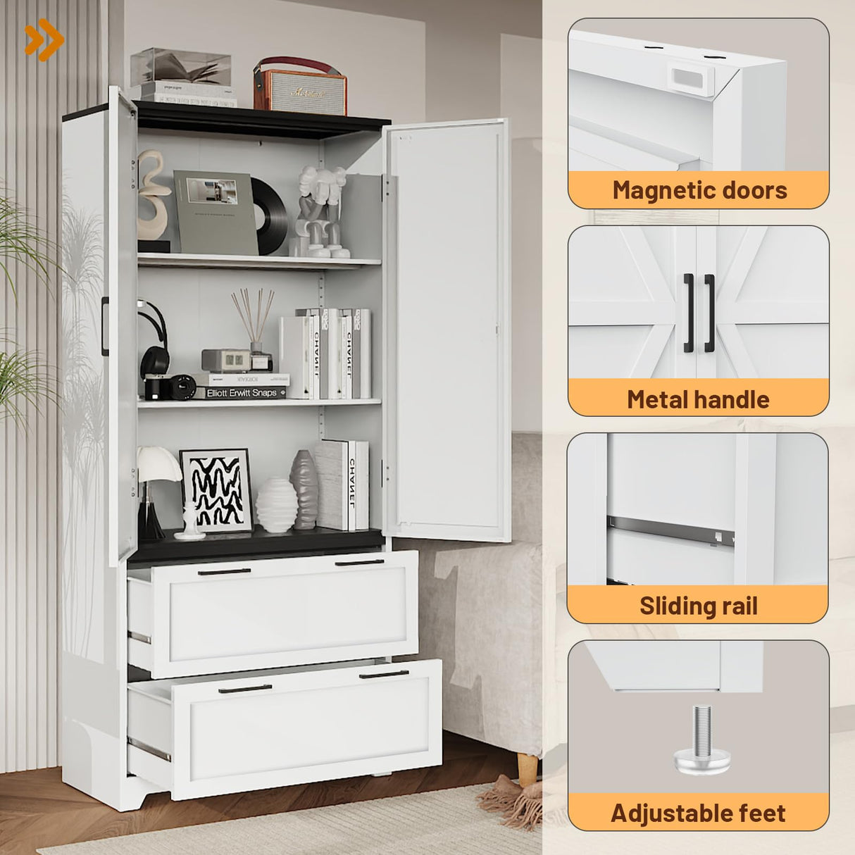 Eltean 71" Kitchen Pantry Storage Cabinet,Farmhouse Storage Cabinet with 2 Adjustable Shelves and 2 Drawers,Barn Doors Metal Storage Cabinets for Kitchen,Dining Room,Living Room Eltean