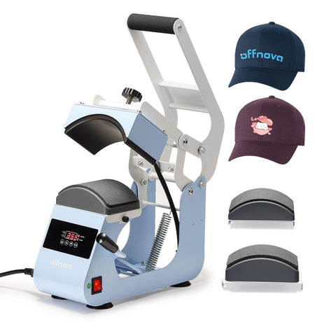 OFFNOVA Hat Heat Press Machine for Caps with 2 Interchangeable Platens, Temp & Time Control with Auto Countdown, Efficient Heat Transfer for HTV Iron On and Sublimation Projects (Handle-Blue) OFFNOVA