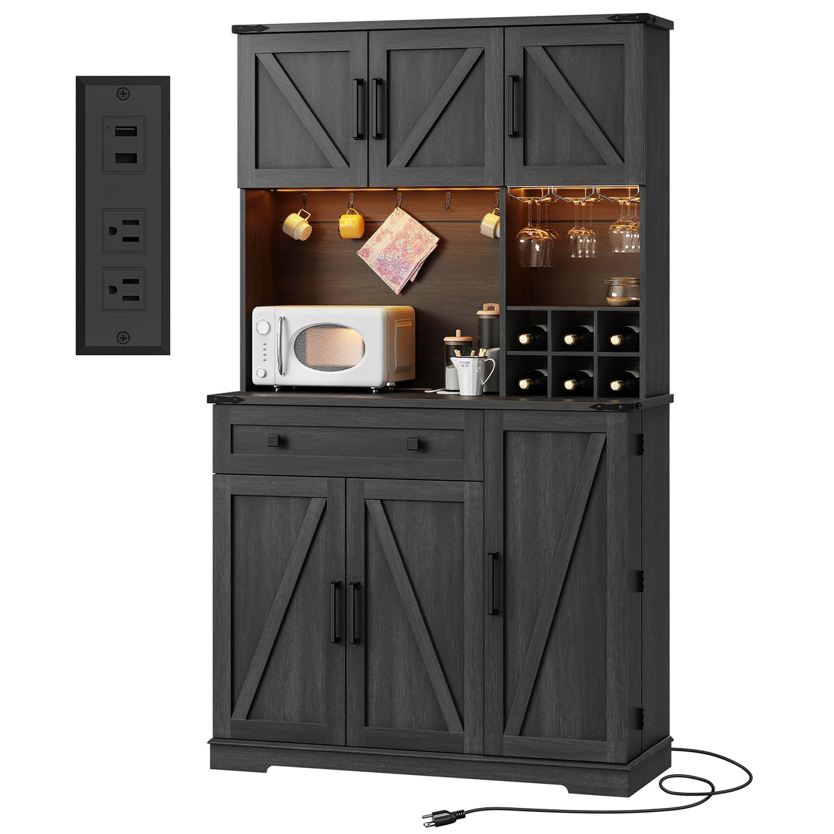 Dripex 71" Pantry Cabinet with Charging Station, Farmhouse Kitchen Pantry Storage Cabinet with Outlet & LED Light, Microwave Stand, Tall Kitchen Hutch with Storage for Living Room, Dining Room, Black Dripex