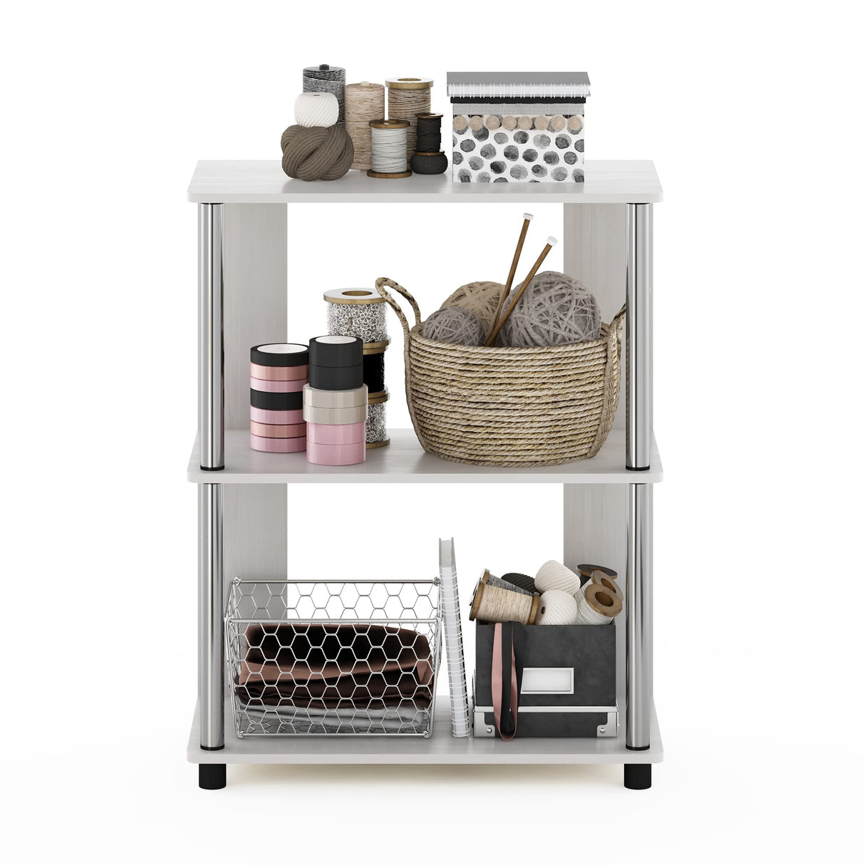 Furinno Jaya 3-Tier Bookcase with Stainless Steel Tubes in White Oak Furinno