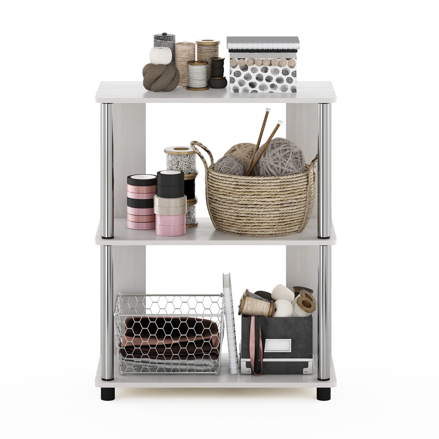 Furinno Jaya 3-Tier Bookcase with Stainless Steel Tubes in White Oak - WoodArtSupply