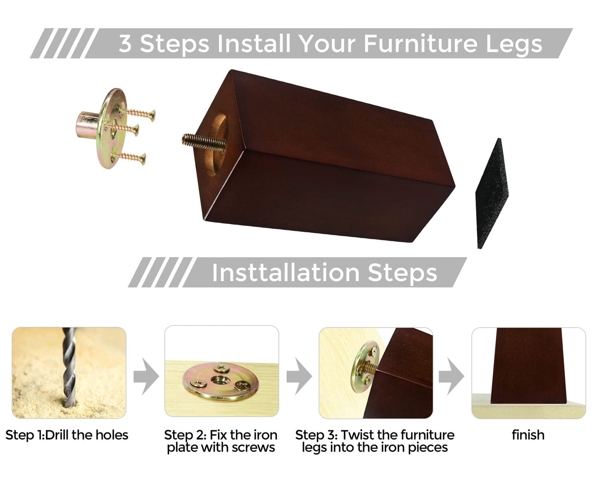 Couch Legs for Furniture Set of 4, Pyramid Square Wooden Furniture Legs 6 Inch, Mid Century Modern Brown Color Sofa Legs Replacement for Ottoman, Chair, Dresser, Coffee Table, Armchair, Settee OneDream