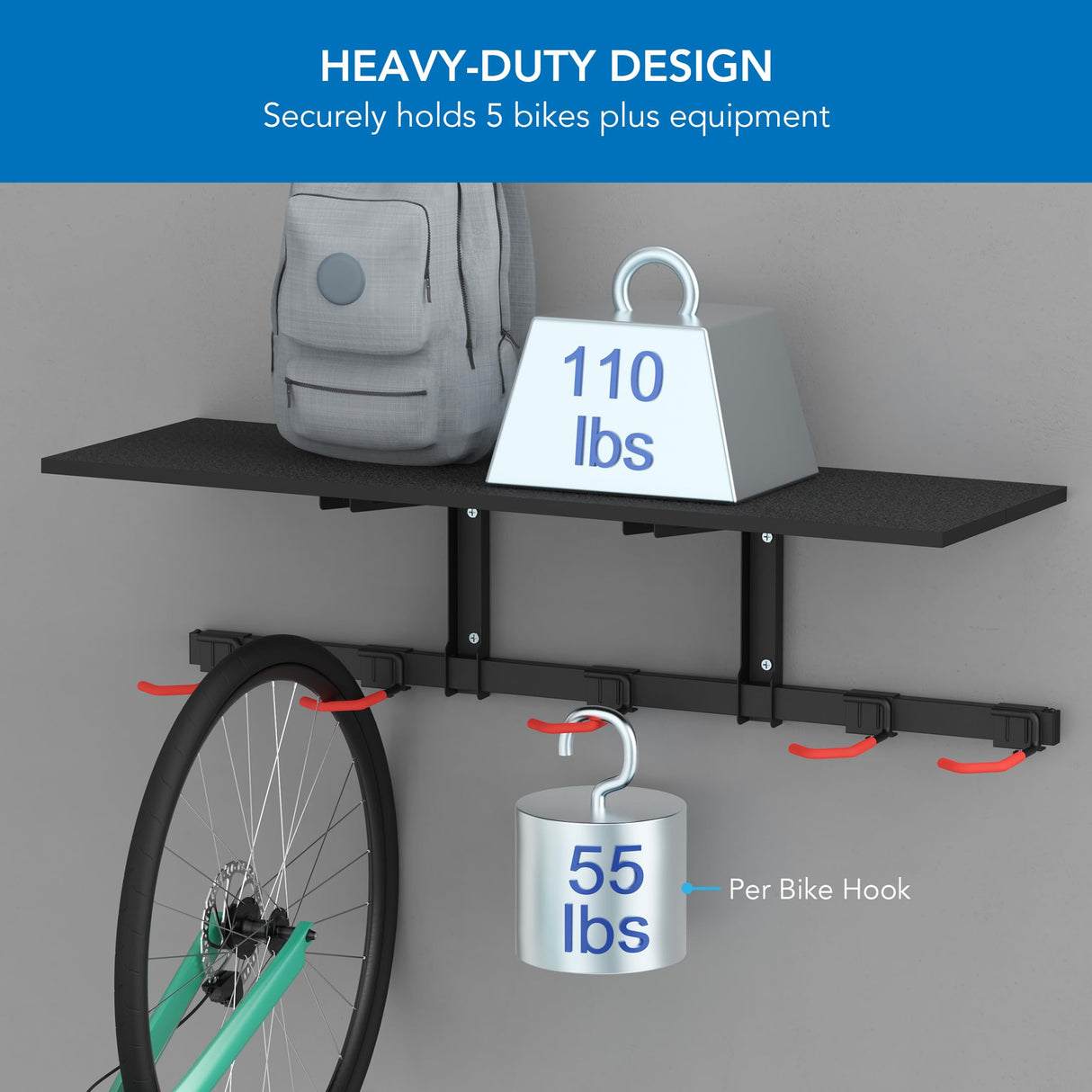 Mount-It! WheelsUp Bike Storage Rack with Shelf | Wall Mounted Garage Organizer Holds 5 Bikes | Adjustable Padded Hooks, Max Capacity 385 lbs | Space-Saving Solution Mount-It!