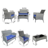 CHNBJY Patio Furniture Set 4 Pieces Outdoor Rattan Chair Wicker Sofa Garden Conversation Bistro Sets for Yard,Pool or Backyard (Grey + Blue Cloth) CHNBJY