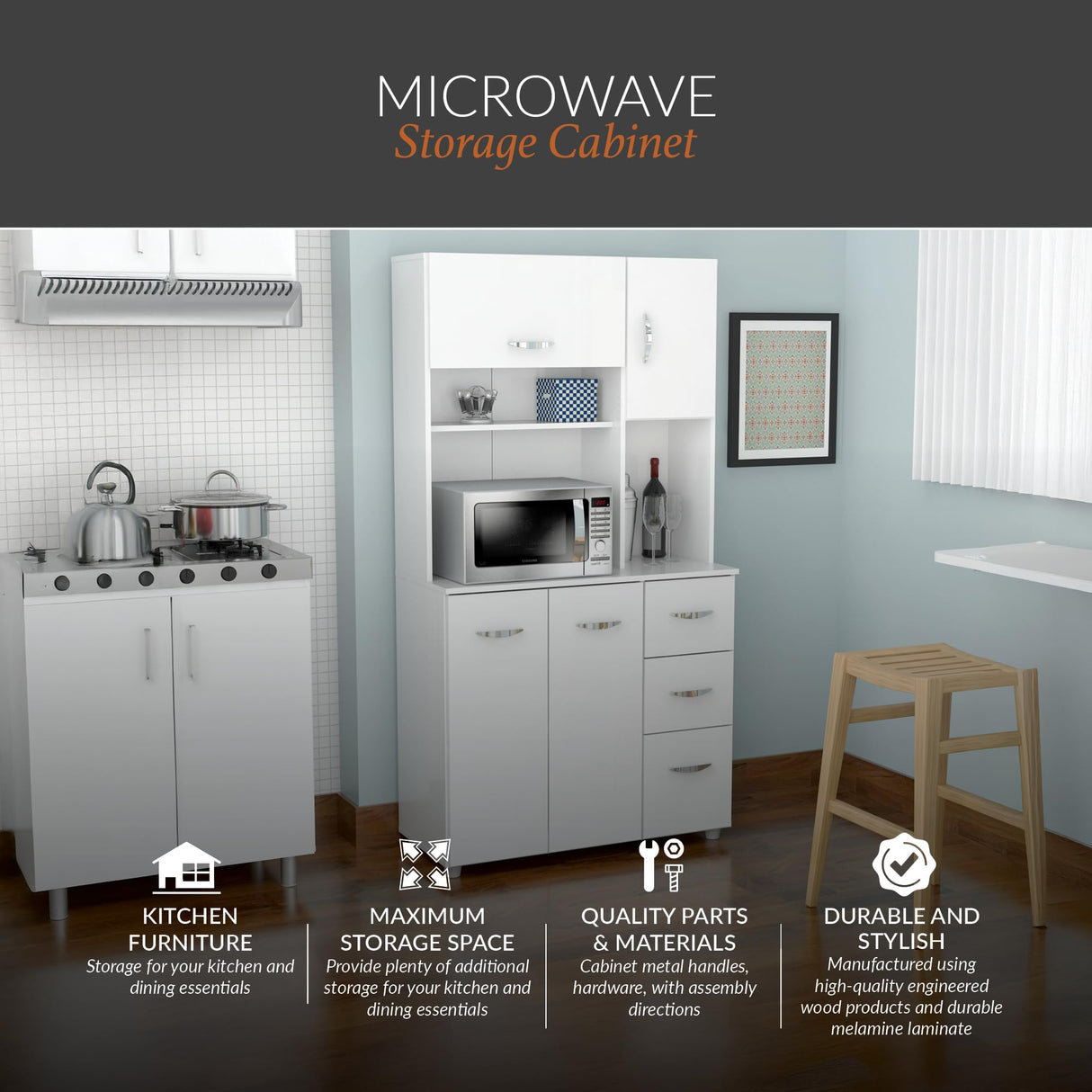 Inval, 71" H x 23.6" W x 17.1" D, White Kitchen Microwave Storage Cabinet with 3 Drawers, Kitchenette Standing Pantry Inval