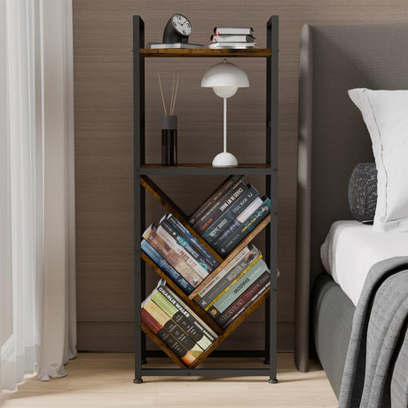 6-Tier Tree Bookshelf for Corner & Small Spaces, Modern Rustic Metal Bookcase Storage Organizer for Books, CDs, Movies – Industrial Floor Standing Bookshelves for Bedroom, Living Room, Home Office Faesun