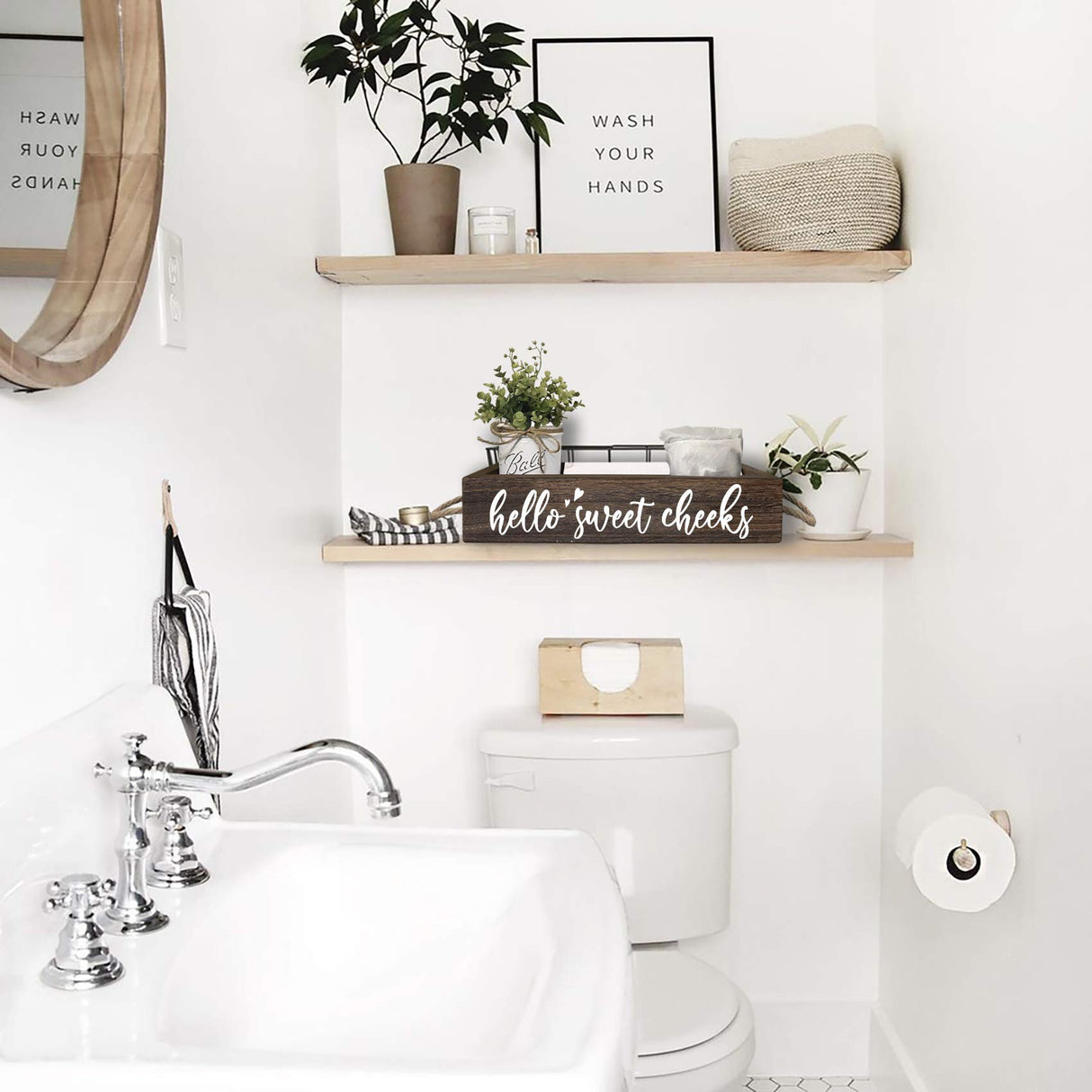 DOFAFALA MayAvenue Farmhouse Bathroom Decor Box Hello Sweet Cheeks Double Sided Wooden Toilet Paper Holder Tissue Box with Handles, Bathroom Signs (Brown) DOFAFALA