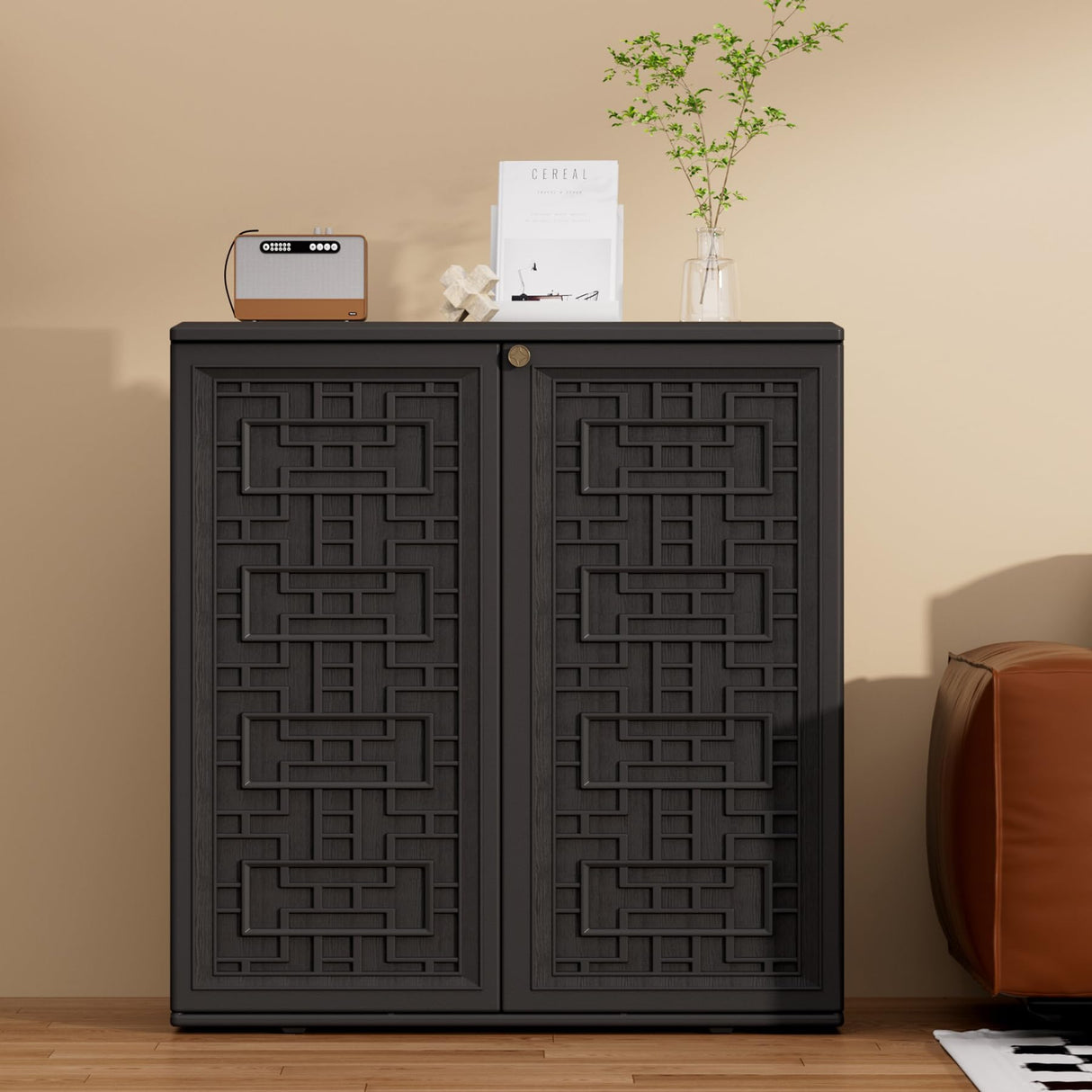 Mrosaa Indoor Outdoor Storage Cabinet Waterproof with Shelf,Plastic Storage Sheds Outdoor Cabinets for Patio/Garden/Backyard, Size 34.3''L*15''W*36.2''H（Black） Mrosaa