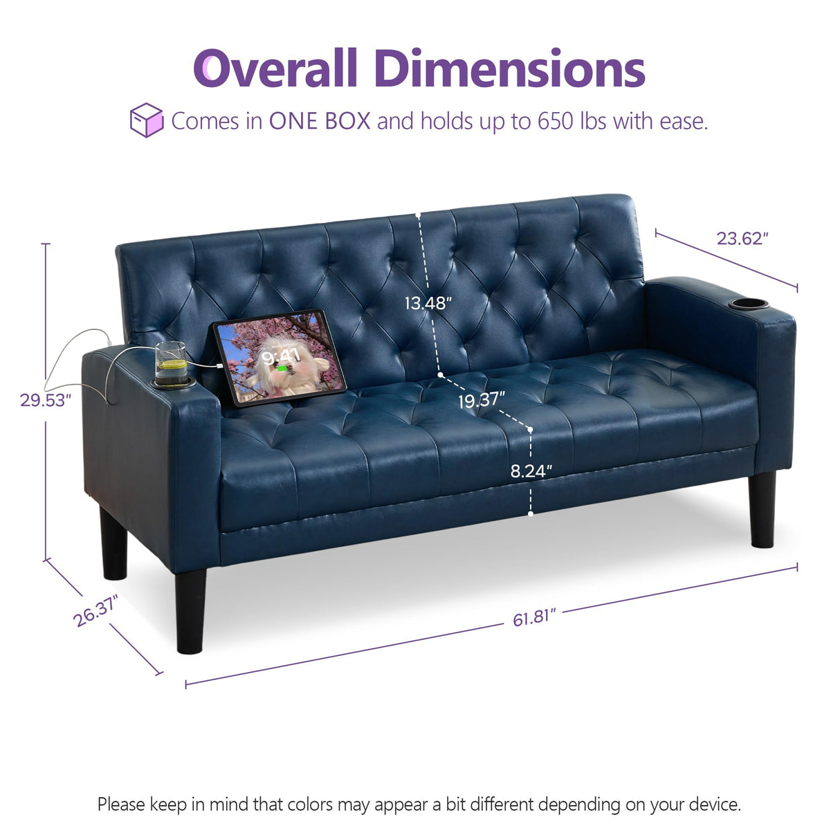 TYBOATLE 62" W Leather Loveseat w/ 2 USB and 2 Cupholders, Mid-Century Modern Tufted Small Love Seat Couches for Office, Living Room, Bedroom, Dorm (1, Blue) TYBOATLE