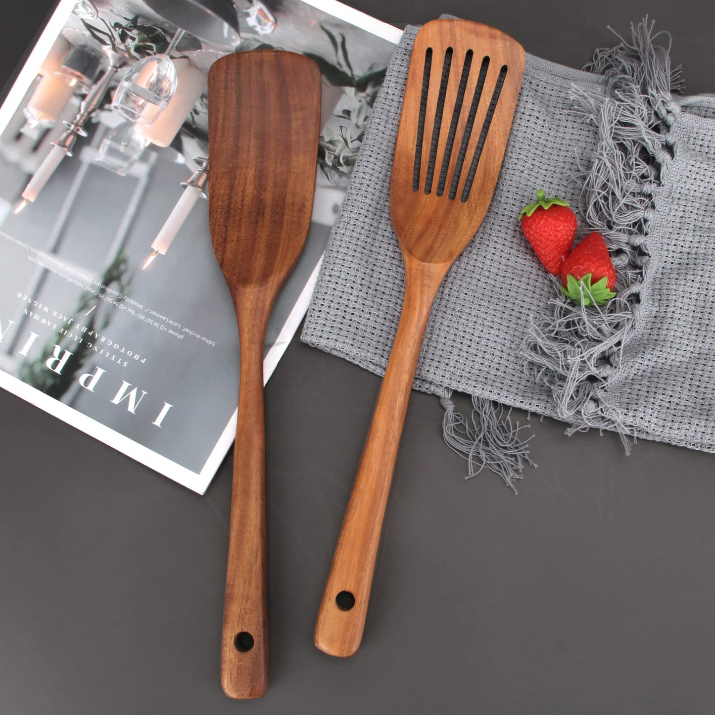 2 Pcs Acacia Wood Spatula Set Non Stick Cooking Utensils Slotted Turner Flat Wooden Kitchen Wok Spatula for Mixing Frying Fish Spatula Egg Flipper Turner Kitchen Utensil Pancake Spatula for Cooking