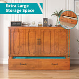 BALUS Queen Murphy Bed, Cabinet Bed with Built-in USB Ports & 2Storage Drawers, Space-Saving Modern Murphy Beds Cabinet Guest Beds with Tri-fold Mattress for Office, Easily Convertible - Cherry BALUS