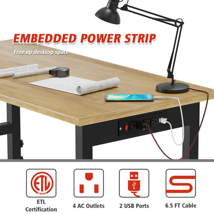 48" Adjustable Workbench, Rubber Wood Top Heavy-Duty Workstation, 2000 LBS Load Capacity Hardwood Worktable with Power Outlets, for Workshop, Garage, Office, Home (48in Workbench) - WoodArtSupply