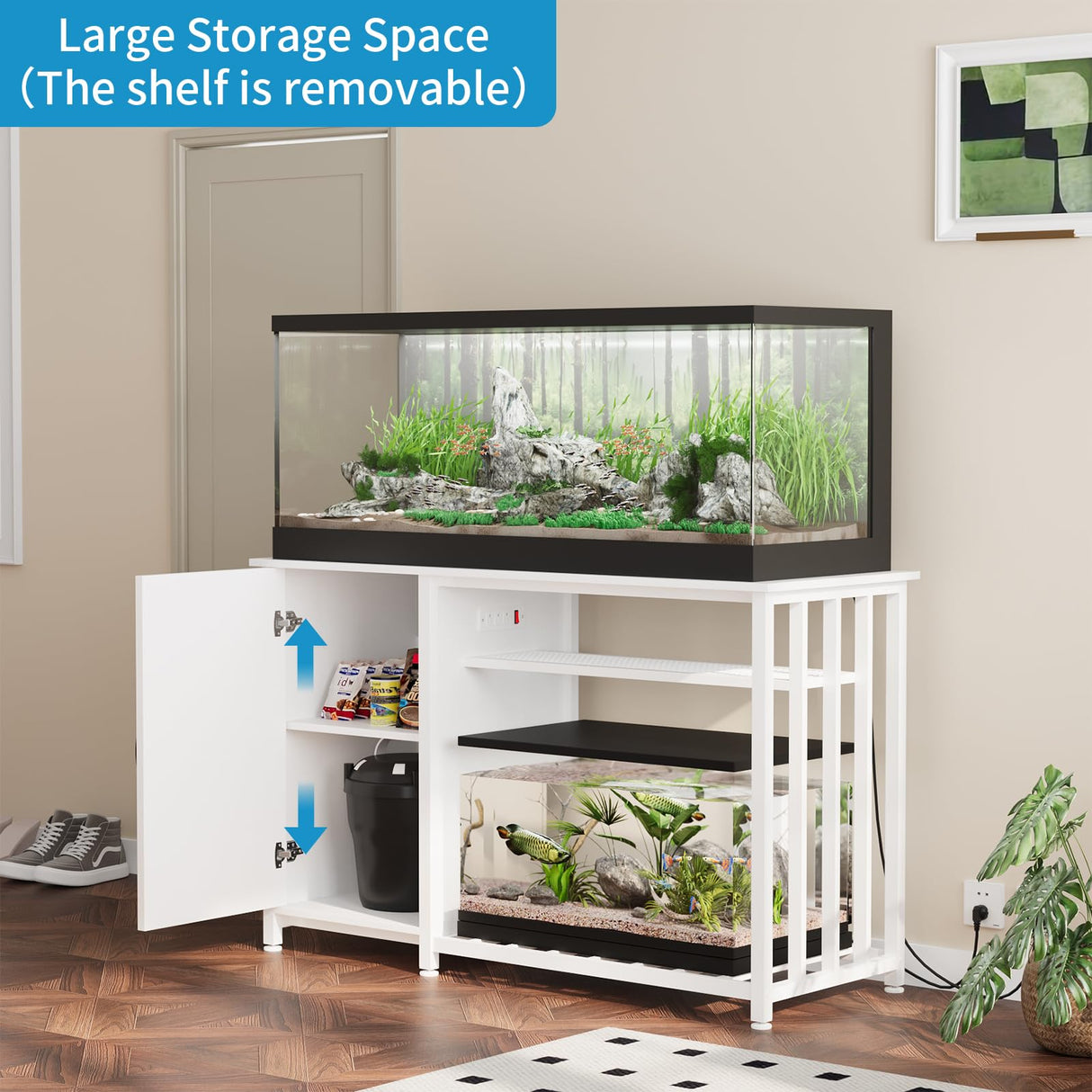 VOWNER 55-75 Gallon Fish Tank Stand, Aquarium Stand with Power Outlets, Cabinet for Fish Tank Accessories Storage, Heavy Duty Metal Frame, Suitable for Fish Tank, Turtle Tank, 1200LBS Capacity, White VOWNER