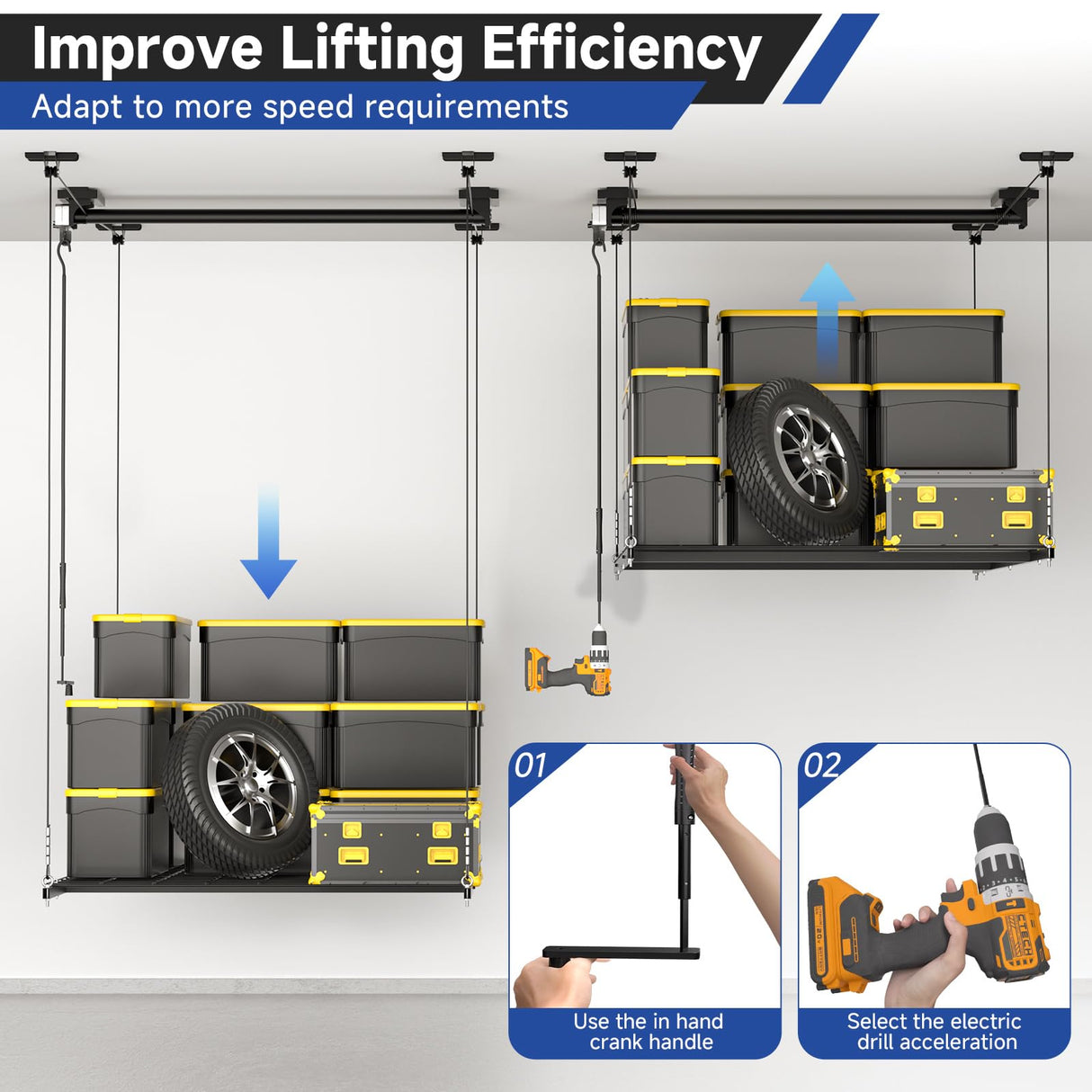 GADFISH Garage Ceiling Lift Storage Rack, Easy Lifting 85" Height Overhead Garage Storage Rack for Space Saving with Safety Lock, Suitable for 16"/24" Ceiling, 350LBS Capacity GADFISH