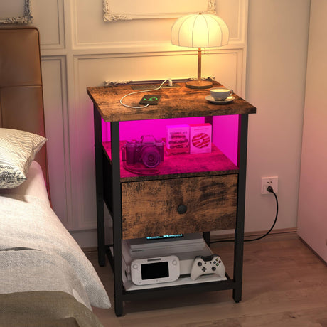 HDDDZSW LED Nightstands Set of 2 with Charging Station, Bedside Tables with USB Ports and Outlets, End Table with Fabric-Wood 2-in-1 Drawer for Small Spaces, Vintage Side Table for Bedroom,Living Room HDDDZSW