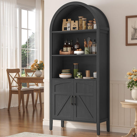 ONBRILL 71" Tall Arched Bookshelf, 5-Tier Arched Bookcase with Door & Storage Cabinet, Farmhouse Display Bookshelf Cabinet with Adjustable Shelf, Freestanding Wood Bookcase for Home Office, Study ONBRILL