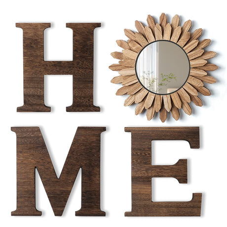 CHIF HAUTH Wood Home Sign with Sunflower Shaped Wood Mirror for O, Thick Home Letters for Wall Art, Rustic Home Decor, Home Wall Decor Hanging Farmhouse Wall, Living Room, Kitchen, Entryway CHIF HAUTH