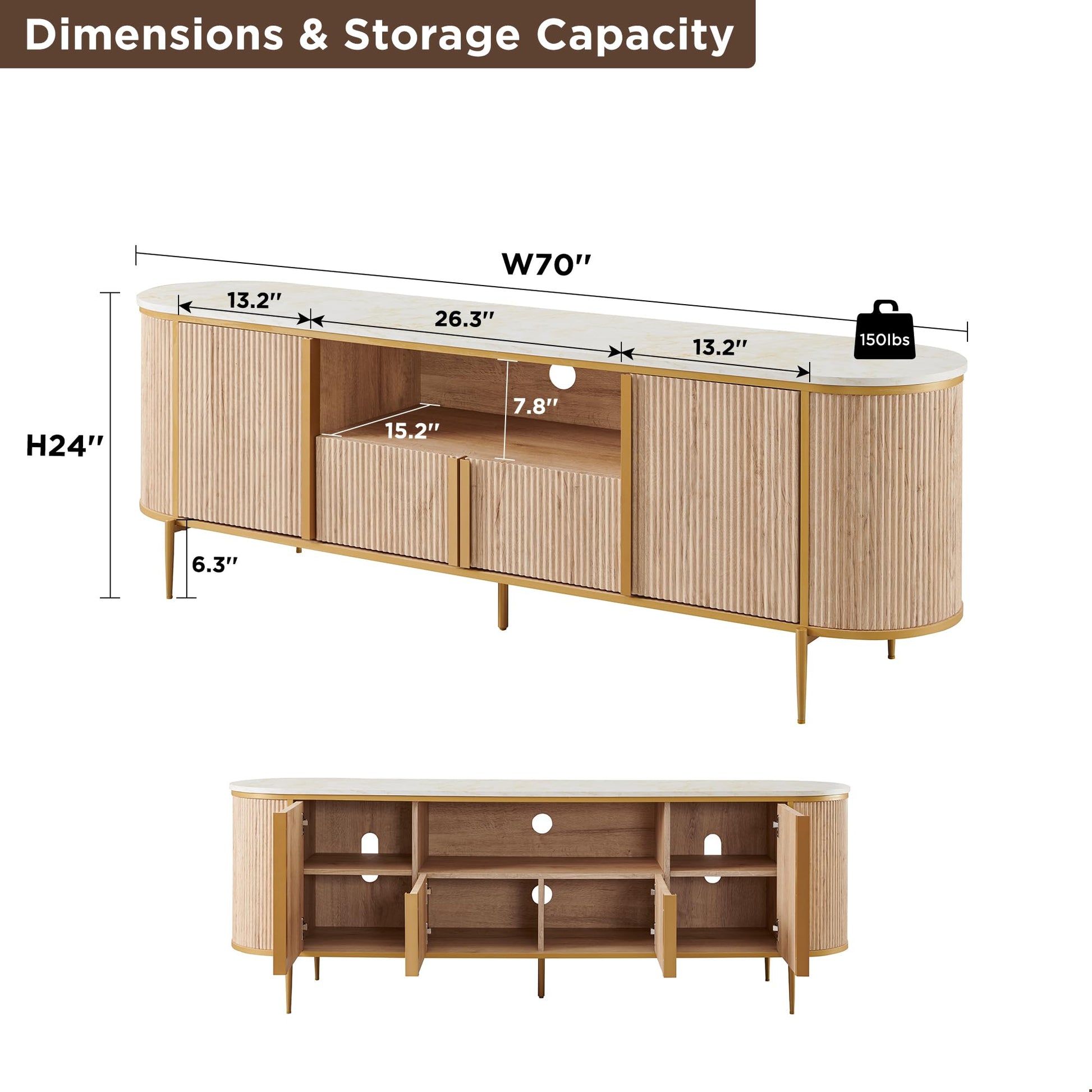 OKD Luxury 70" Fluted TV Stand, Modern Entertainment Center for TVs Up to 80 inches, TV Console with Faux Marble Top, Curved Profile Design, Media Console for Living Room, Natural Oak - WoodArtSupply