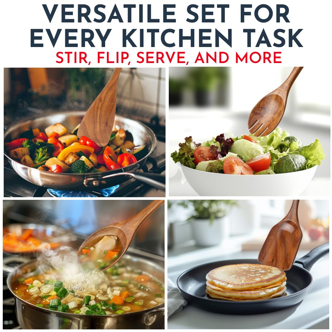 Teak Wooden Utensil Set 6-Piece - Smooth Finish Bamboo Wooden Spoons for Cooking Comfortable Grip, Non Scratch Premium Teak Wood Kitchen Utensils Set Culinary Couture